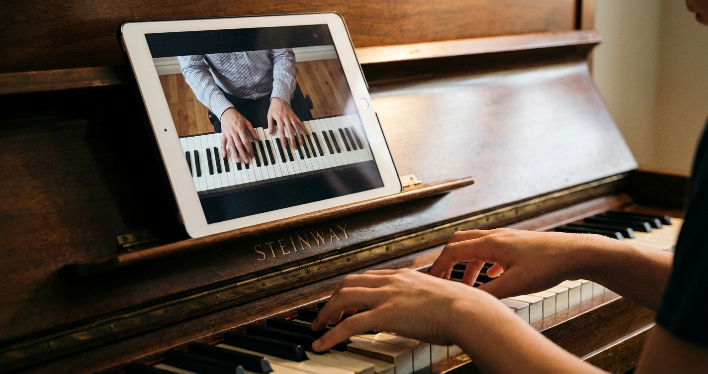 žena cvičí na digitálním pianu se sluchátky podle online videokurzu