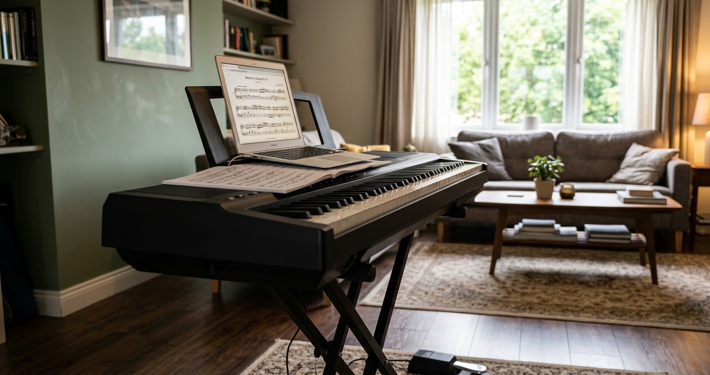digitální piano s notebookem v obývacím pokoji