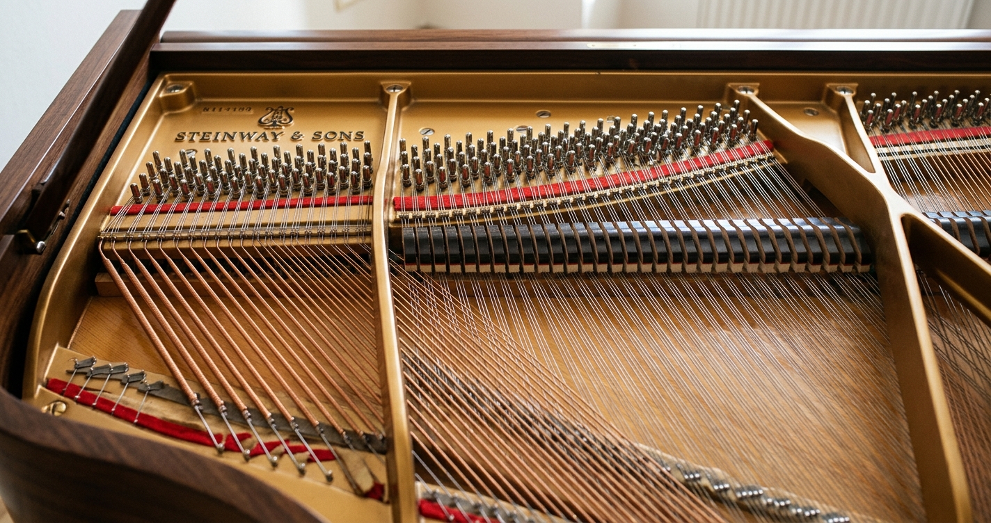 vnitřek otevřeného křídla Steinway - struny a ladičské kolíky